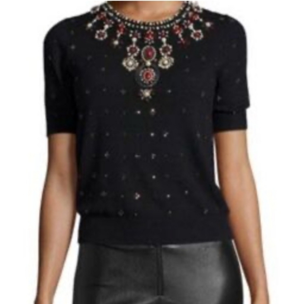 Alice + Olivia Beaded Pearl Embellished Short Sleeve Sweater Neiman Marcus M